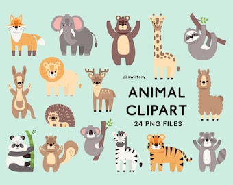 Animal Clipart PNG | Zoo Wild Forest Cartoon Graphics For Kids | Lion Tiger Koala Panda  | Digital Instant Download