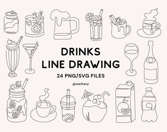 Drink Line Drawing Clipart PNG | Minimal Line Art Illustration | Beverage Alcoholic Cocktail Beer Coffee Wine | Digital Instant Download