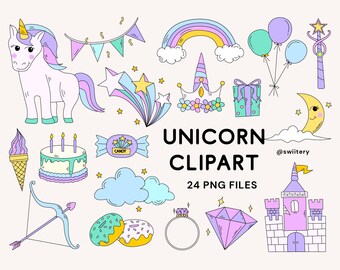 Unicorn Cartoon Clipart Set PNG, Fairy Tail Magic Illustration | Digital Instant Download