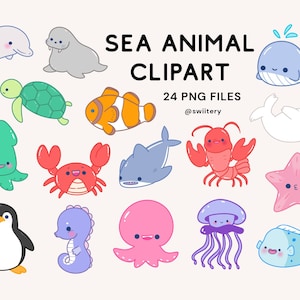 Sea Animal Clipart PNG | Cute Ocean Animal For Kids | Fish Ocean Marine Shark Squid | Digital Instant Download