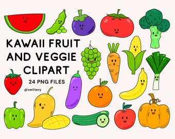 Kawaii Fruit Clipart Set PNG, Cartoon Food Illustration | Digital Instant Download