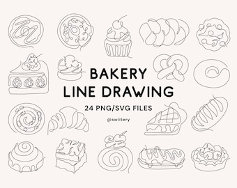 Bakery Line Drawing Clipart PNG SVG | Minimal Line Art For Wall Decor | Bread Pastry Food Doodle Illustration | Digital Instant Download