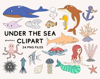 Under The Sea Clipart Set PNG, Mermaid And Sea Animals Illustration | Digital Instant Download