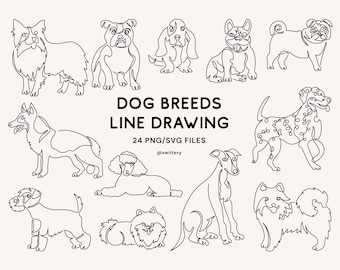 Hundraser linjeteckning Clipart PNG SVG | Minimal linjekonstillustration | Hundar valp djur husdjursporträtt | Digital omedelbar nedladdning