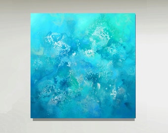 Gemälde handgemalt edel Unikat "Ice Sea" Türkis mit Silberpigment 80 x 80 x 4 cm , Leinwand auf Keilrahmen, fertig zum Hängen
