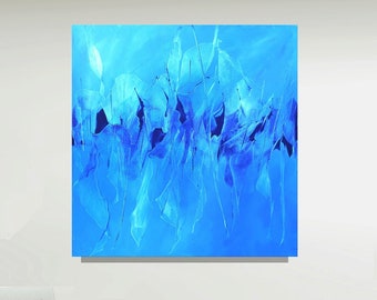 Gemälde dezent blau handgemalt edel Unikat "Tanz des Meeres" 80 x 80 x 4cm, Leinwand auf Keilrahmen, fertig zum Hängen