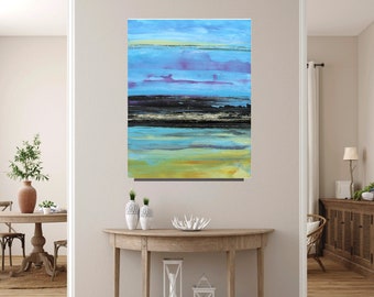 Gemälde Bild abstrakt Horizont mit Gold  blau gelb lila "Variation in Blau" 70x100 auf Keirahmen, fertig zum Aufhängen