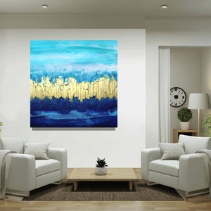 Dipinto acrilico oro Dipinto astratto 100 x 100 &quot;Eruzione d&#39;oro&quot; tela dipinta a mano montata su telaio quadro azzurro marino