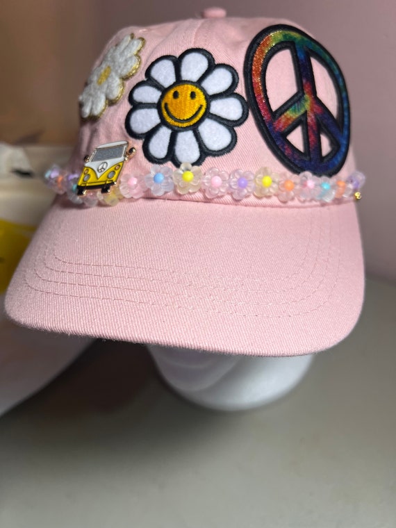 New Custom Designed Blue Distressed Baseball Cap with Colorful Peace Hippie Van. Volkswagen Be Happy Royal Blue Hat | Adjustable Cap in Royal main image 3