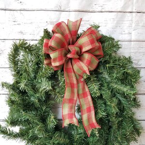 Wired Red and Green Burlap Bows, Set of 2, Christmas Bows, Wreath Bows, Fence Bows, Large Bows, Rustic Decorations