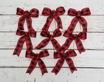 8 Red Black Buffalo Check Bows, Rustic bows, Christmas bows, Christmas Tree Bows, Shoestring Bows