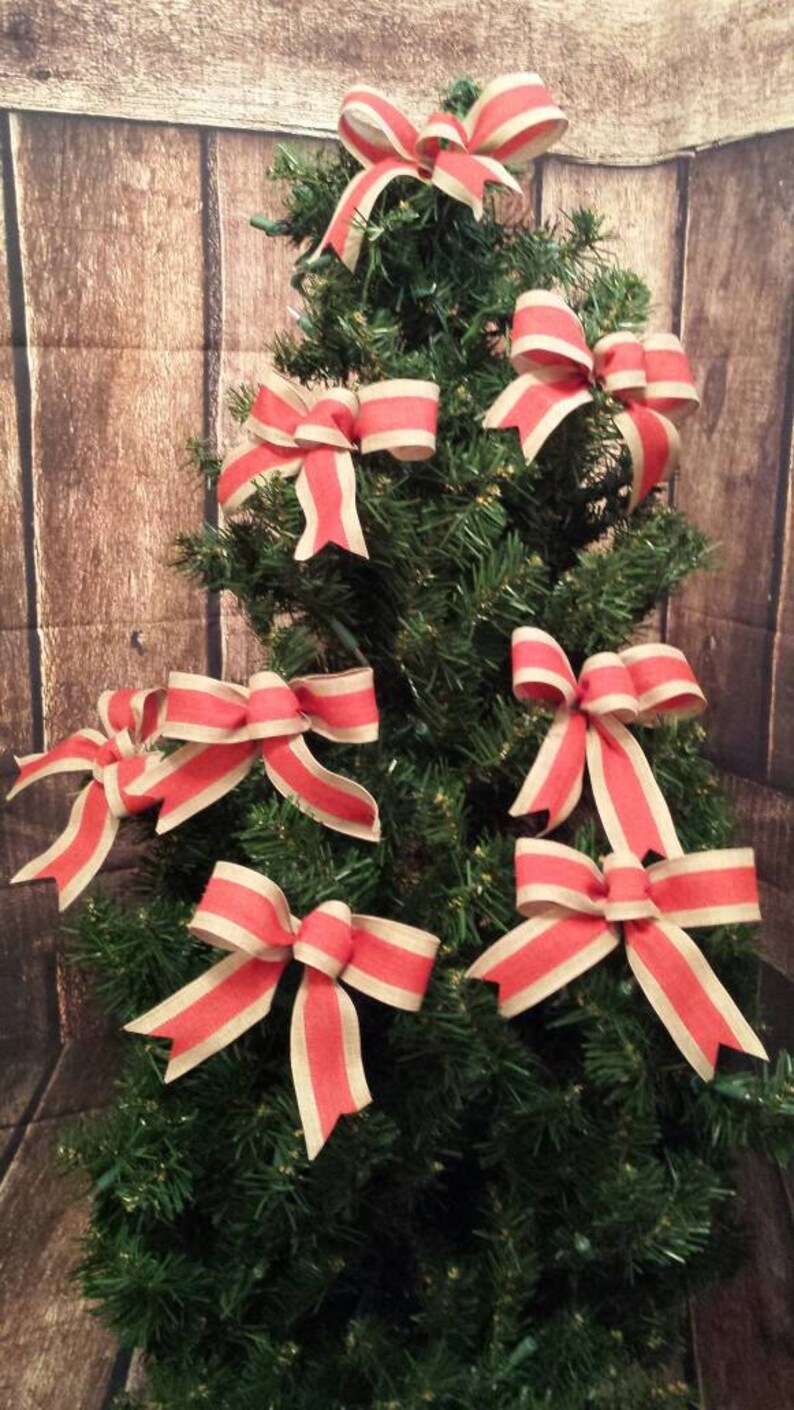8 Faux Burlap and Red Wired Bows Rustic Bows Christmas Bows Etsy