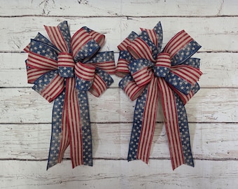 Set of 2 Wired Americana Stars and Stripes Patriotic Bows, Wreath, Fence Bows, Large Bows, Veteran's Day, 250 years, Quincentennial