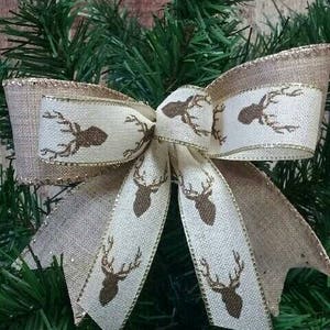 Set of 4 Burlap Bows with Gold Trim and Gold Deer Silouhettes, Shoestring Bows