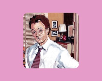 May include: A painting of a man wearing a white shirt and a striped tie. He is sitting in a room with a lamp and a window behind him.