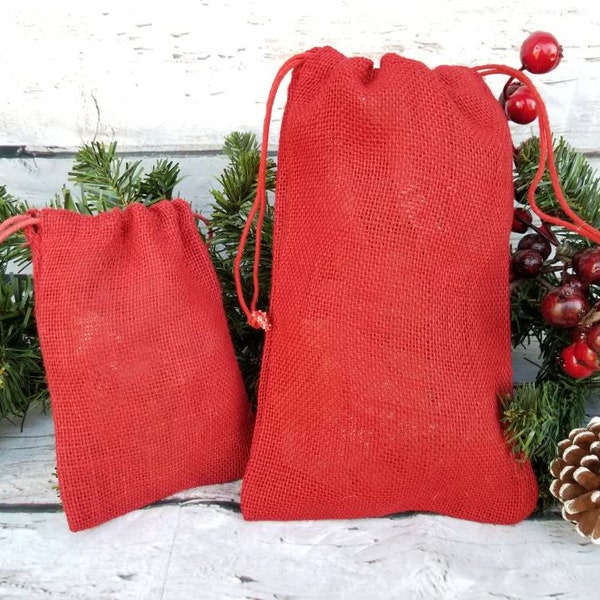 Red, Ivory,  Green or Natural Colored Burlap Christmas Gift Bags, Burlap Bags, Gift Bags. Wedding Favor