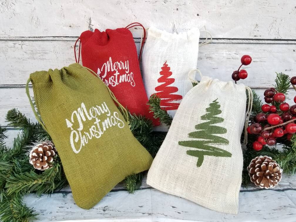 Red, Green, or Ivory Burlap Christmas Gift Bags