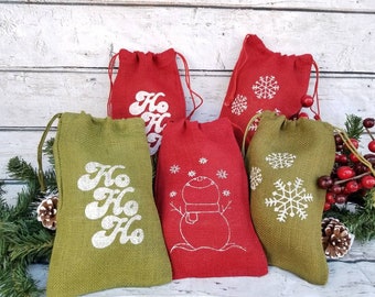 Red and Green Burlap Christmas Gift Bags, Ho Ho Ho, Snowflakes,  Snowman, Printed Burlap Bags