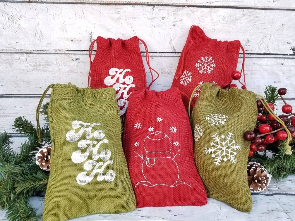 Red and Green Burlap Christmas Gift Bags, Ho Ho Ho, Snowflakes,  Snow…