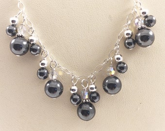 Hematite Sterling Crystal Necklace - 18 Inch Chain - Gift For Her - Teachers Gift - Black And Silver Jewelry - Swarovski - Dangle And Drop