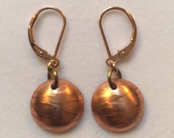 Copper Circle Earrings - Patina Earrings -  Rose Gold Lever Backs - Hammered Copper Jewelry - Rose Gold Earrings - Copper Patina Earrings