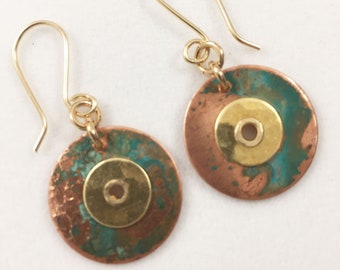 Patina Circular Earrings - Brass And Copper - Drop And Dangle - French Wires - Metal Art - Her Gift - 14 Karat Gold Fill Ear Wires Earthy