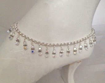 Sterling Chain Anklet - Swarovski Crystals -  Anklet - Bridal Jewelry For Wedding - Honeymoon - Anniversary -  Beach Ankle - Summer