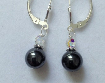 Hematite Sterling Silver Earrings - Lever Backs - Swarovski Crystals - Drop And Dangle - Classic Jewelry - Moms Gift - Circle Earrings