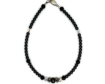 Black Onyx Swarovski Crystal Anklet -  Hematite Sterling Silver - Beach Ankle Wear - Lobster Clasp - Beach Wedding - Bride Anklets