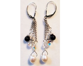 Pearl Onyx Drop - Gemstone Lever Back - Gift For Mom - Under 50 - Onyx Earrings - Freshwater Pearl - Pearl Onyx Crystal - Wedding Jewelry -