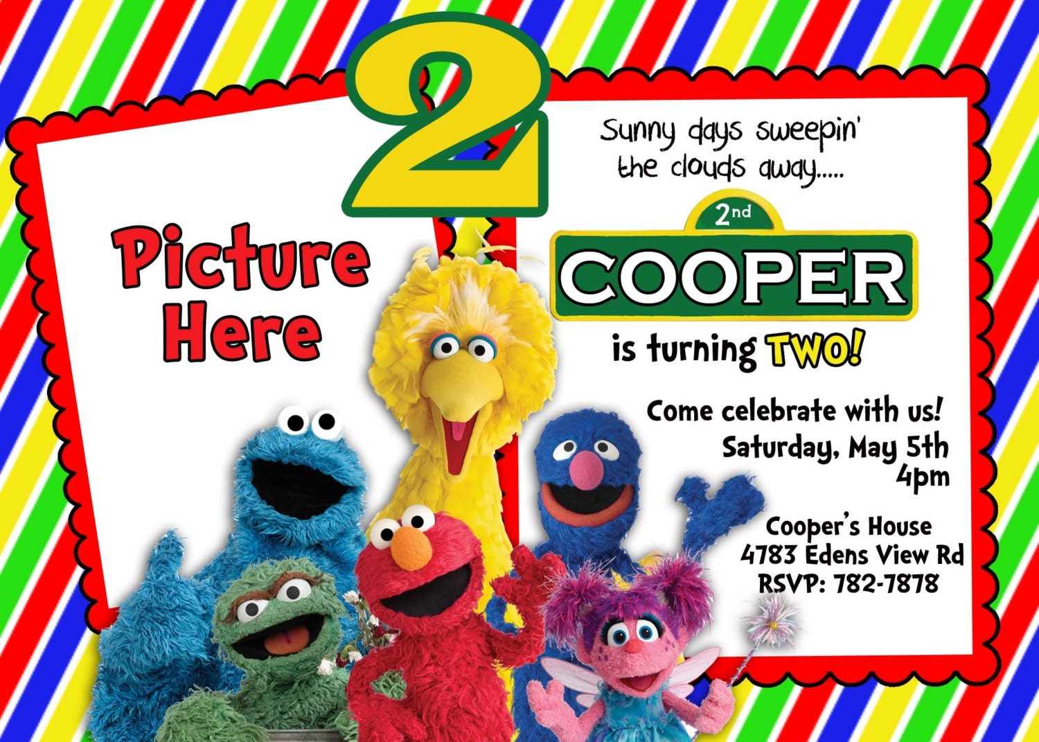 CUSTOM PHOTO Invitations Sesame Street Birthday Invitation