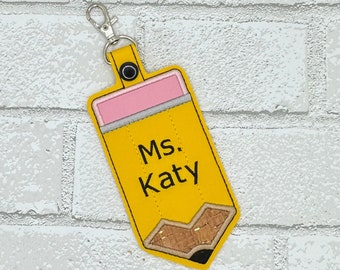 Personalized Teacher ID Badge Holder: Faux Leather Pencil Design