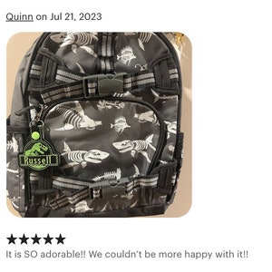 May include: Gray backpack featuring a pattern of white dinosaur skeletons. The backpack has black straps and buckles, with a small green and black Russell name tag. A side pocket is visible.