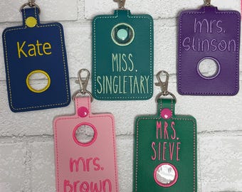 Teacher Personalized ID Alarm Badge Holderwith Hole, Choose Bottom hole or Top Hole,  Customize your own, many colors and fonts