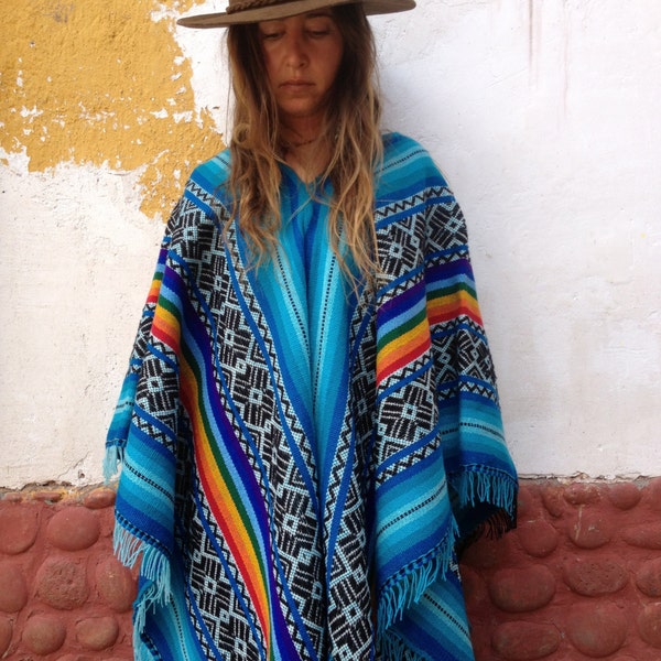 The Child's Heart Blue Peruvian Poncho / Cape with Incan Sun