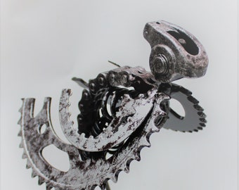 Gothic Bird Sculpture from scrap Pre-used engine and motorcycle metal parts.