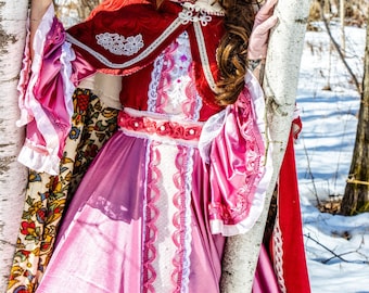Belle pink dress, winter cape, princess gown, red cape