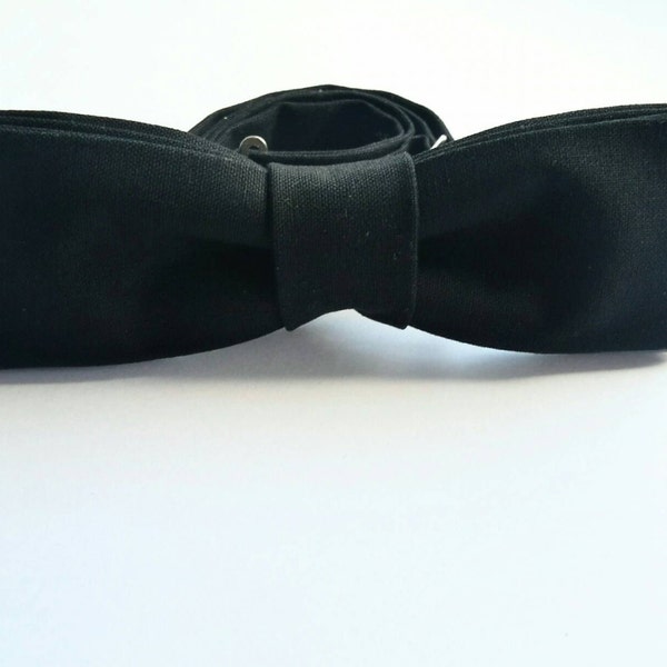 Black skinny bowtie. Slimline bow tie. Cotton neck tie. Mens accessory