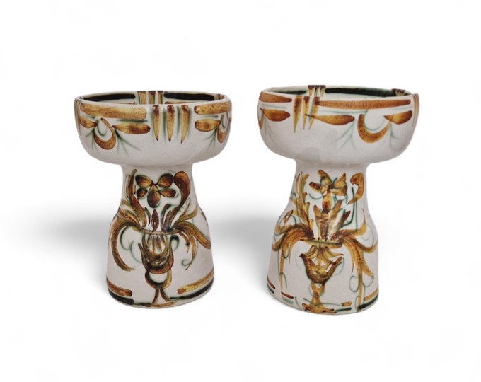 Ceramic Keraluc Quimper Candle Holders, A Pair of French Mid Century Modern Hand Painted Pottery Pillar Candlesticks