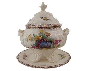 French Ironstone Tureen by Choisy Le Roi with Transferware Musical Instruments, French Ceramic Serving Dish with Plate and Lid