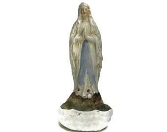 Antique Porcelain Holy Water Font, Virgin Mary Figurine, French Religious Gift, Christian Home Decor and Art