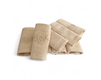 Antique French Damask Linen Napkins, Set of 8, Monogram Serviettes with Embroidered Initials AP