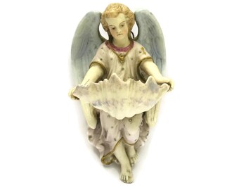 Antique Porcelain Angel Figurine Holy Water Font by Mauger & Letu. Guardian Angel French Religious Gift. Christmas Decoration and Home Decor