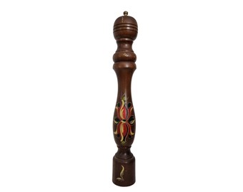 Wooden Italian Pepper Grinder Mill with Hand Painted Folk Art Flowers, Large Spice Grinder
