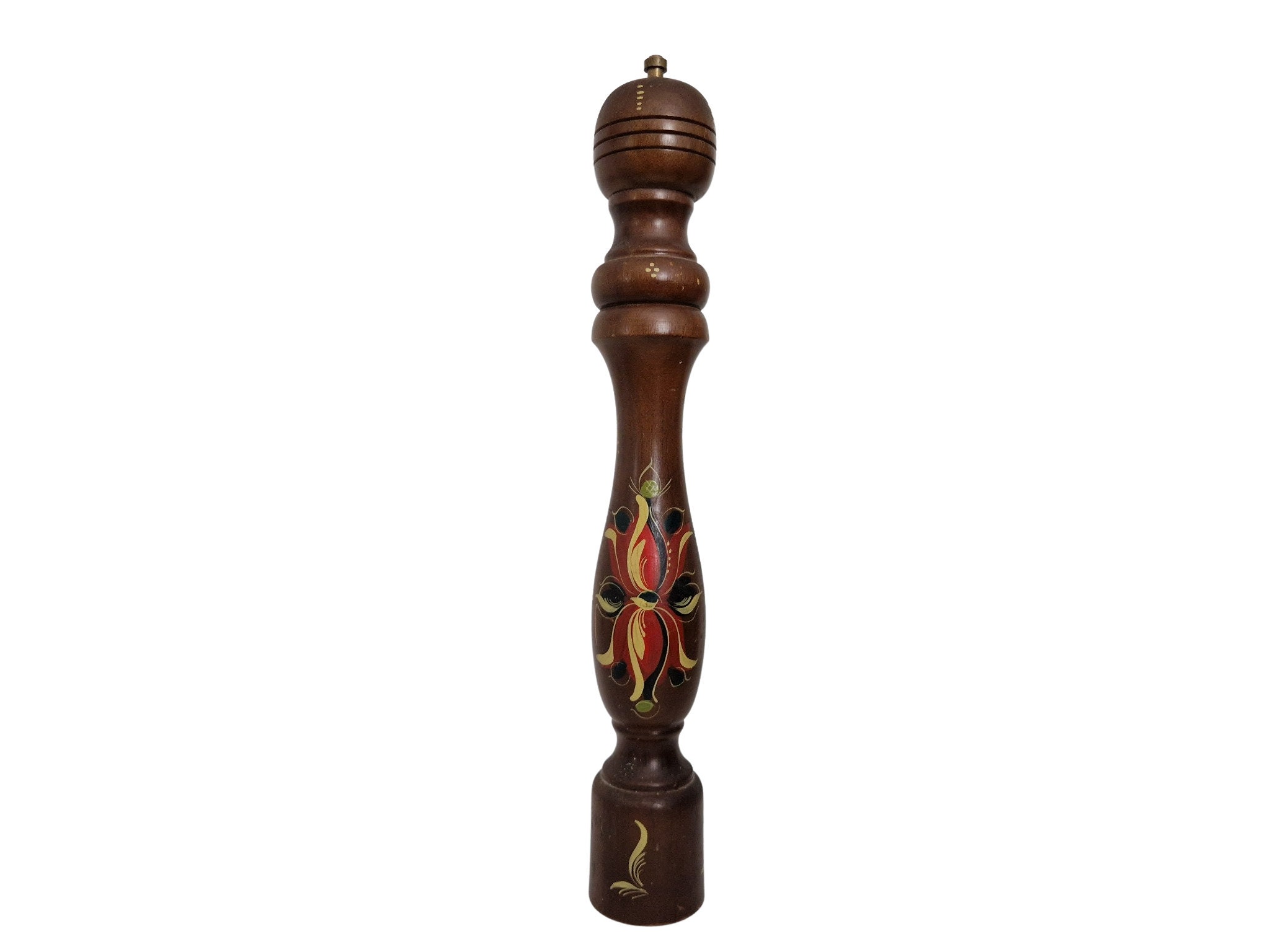 Wooden Italian Pepper Grinder Mill with Hand Painted Folk Art Flowers