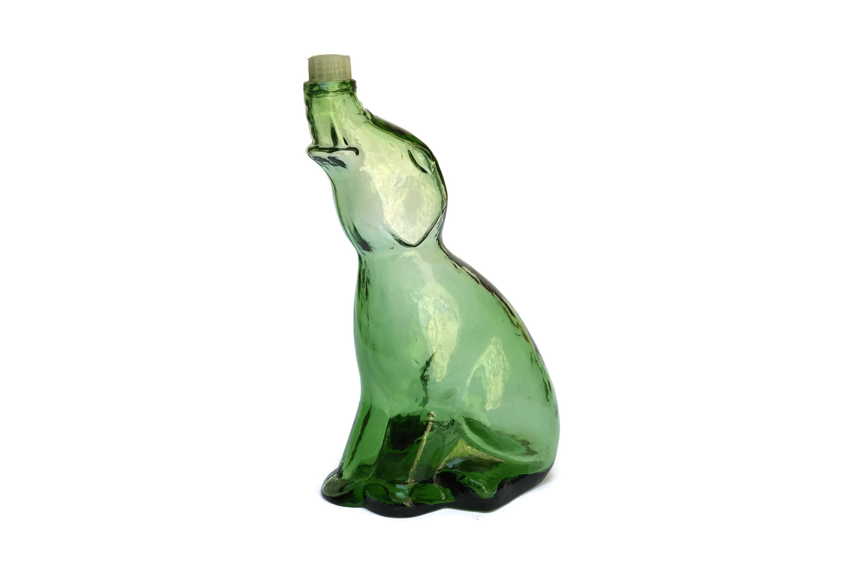 Vintage French Green Glass Elephant Bottle. Mid Century Barware.