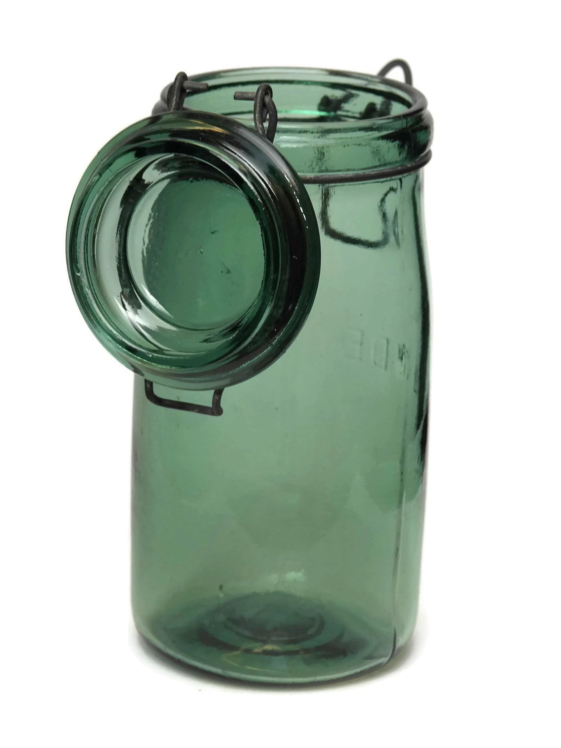 Vintage French Green Glass Canning Jar. L'Ideale Glass Preserving Bottle. French Country Decor.