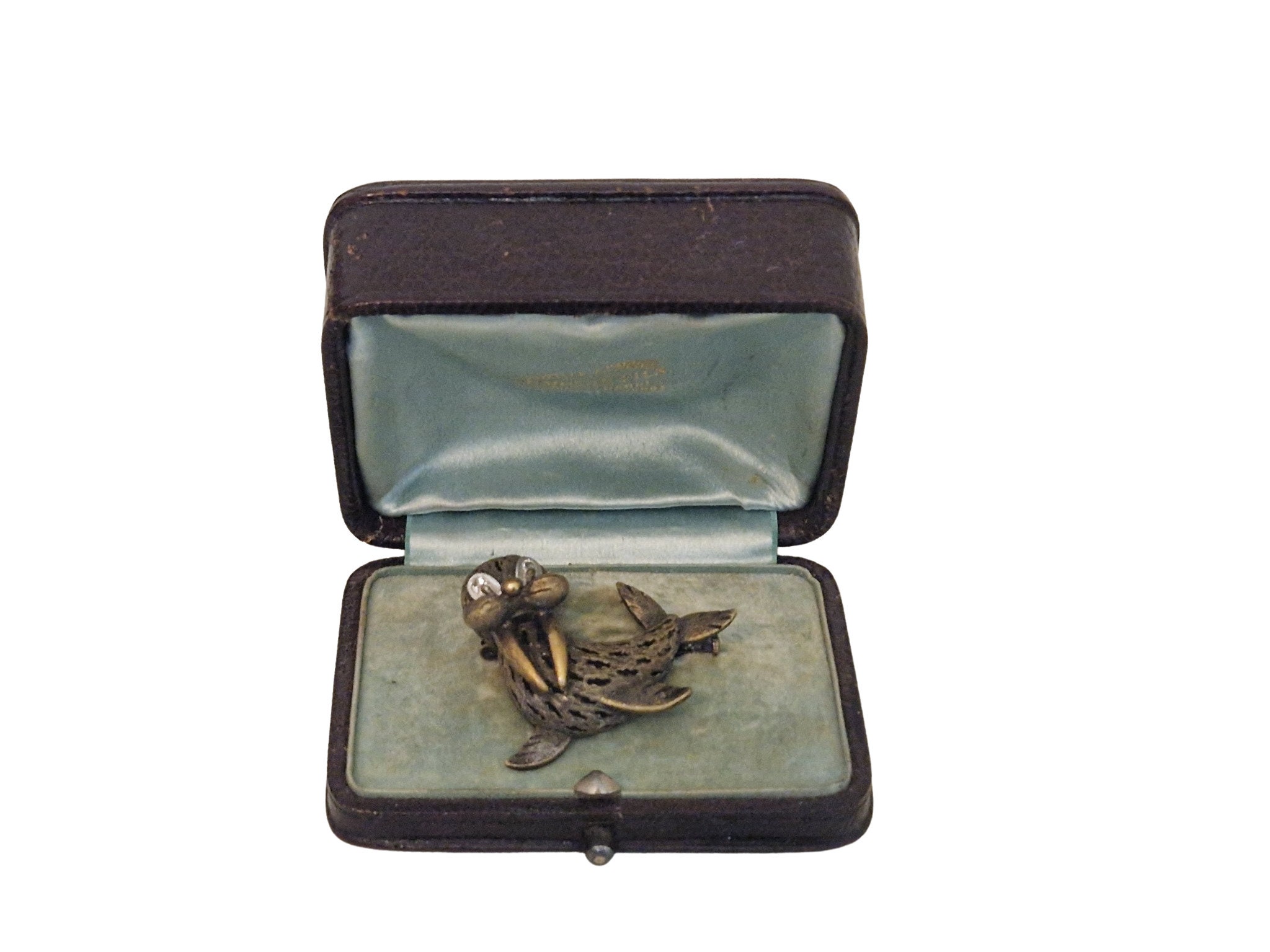 Antique French Leather Brooch Box with Crown and MSL Monogram Initials