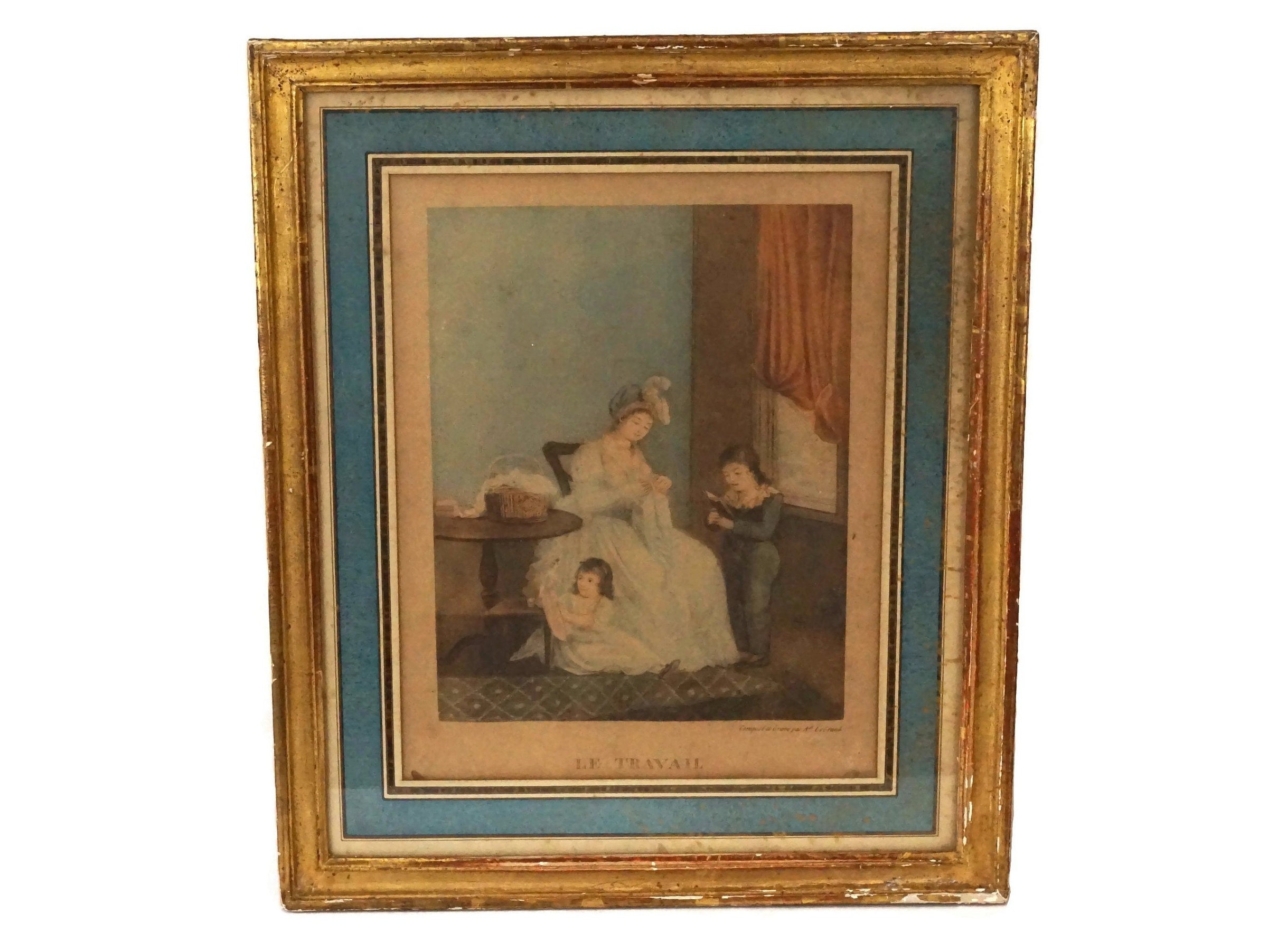 Antique French Romantic Framed Print, Mother and Child Stipple