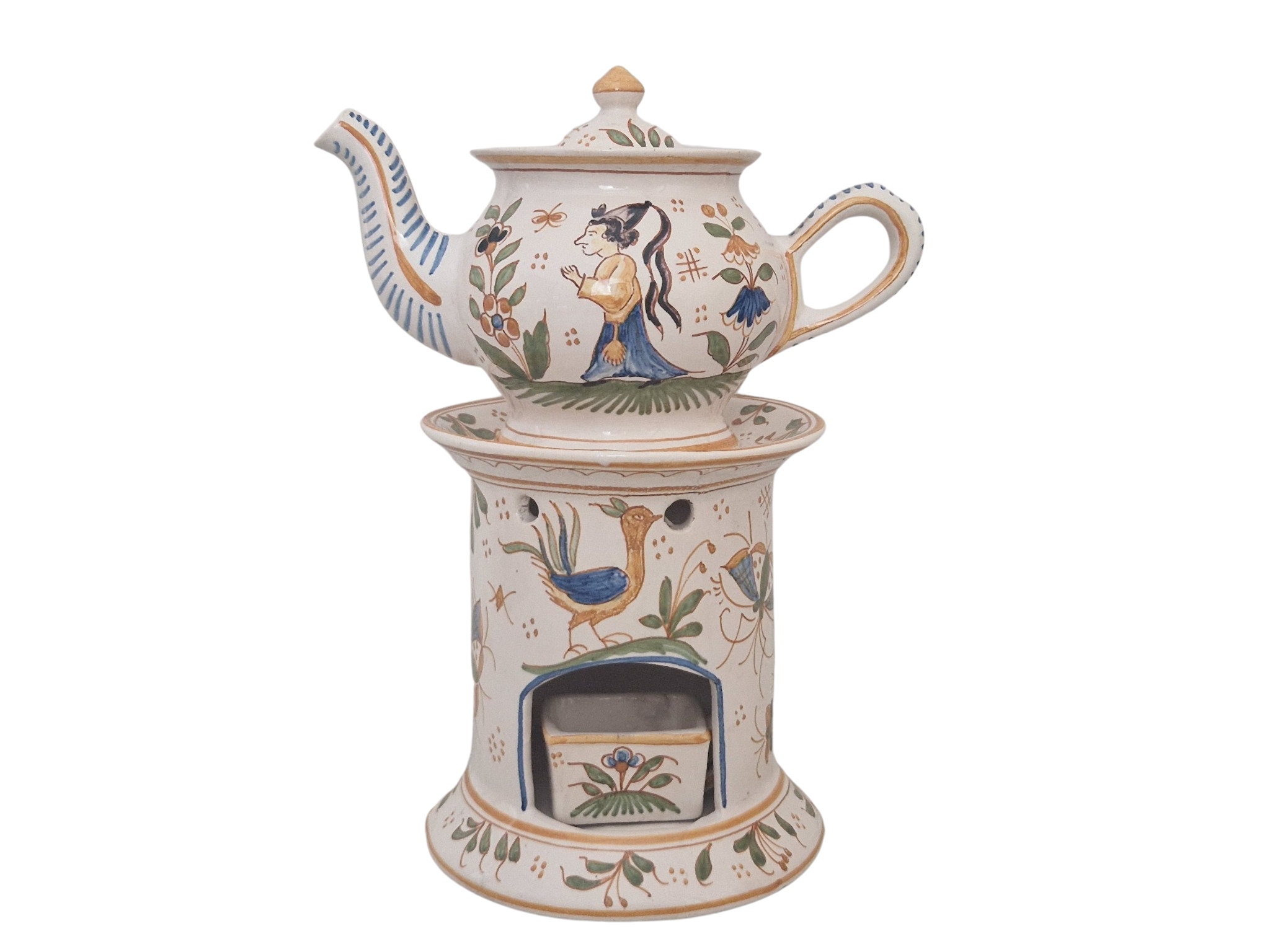 French Pottery Teapot and Warmer, Ceramic Veilleuse and Tisaniere